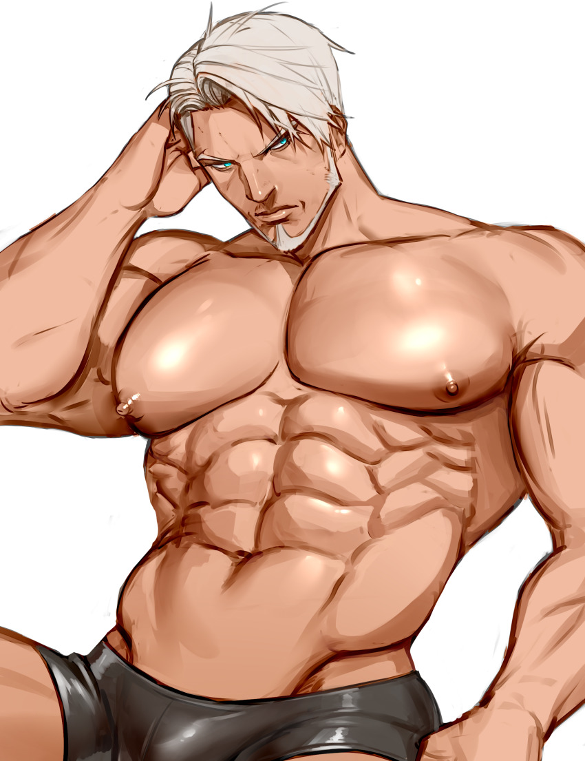 1boy abs absurdres artist_request bara beard biceps black_jammers black_male_swimwear blue_eyes facial_hair highres jammers large_pectorals looking_to_the_side male_focus male_swimwear manly mature_male muscular muscular_arms muscular_male navel nipples original pectorals puffy_chest short_hair simple_background solo swimsuit topless_male white_background white_hair won_(won_uom)