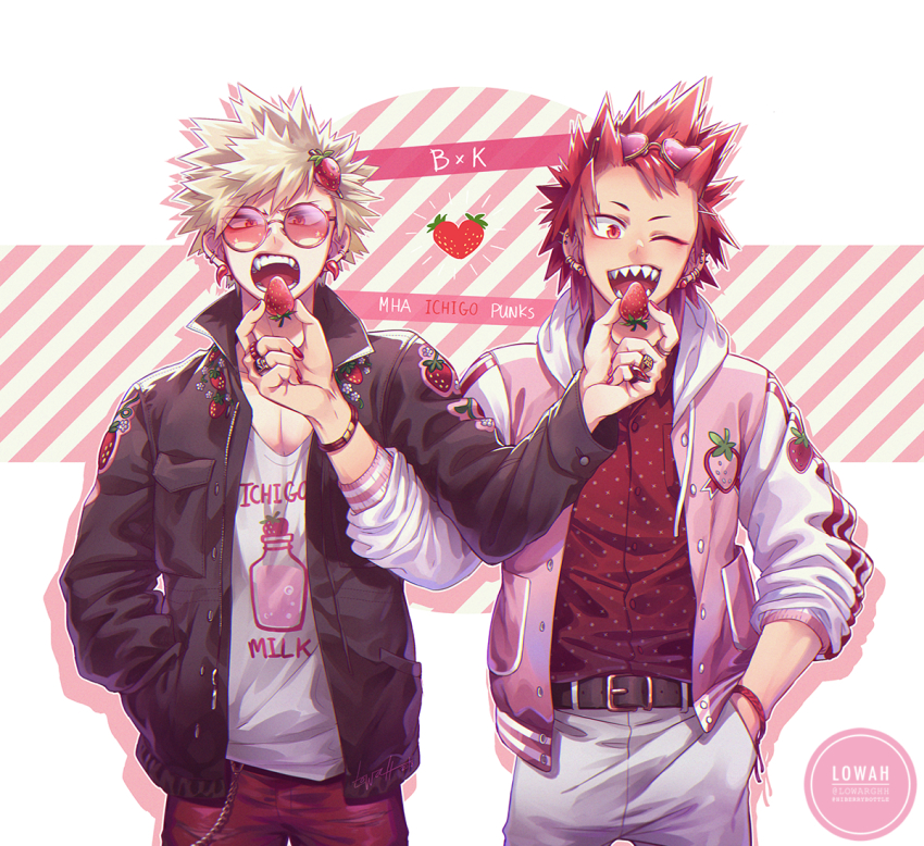 2boys ;d alternate_costume artist_name bakugou_katsuki belt belt_buckle black_belt black_jacket blonde_hair blush boku_no_hero_academia bracelet breast_pocket buckle buttons casual character_name chromatic_aberration clothes_writing collared_shirt commentary copyright_name diagonal_stripes double_horizontal_stripe double_vertical_stripe drawstring dress_shirt drop_shadow ear_piercing earrings eyeliner eyes_visible_through_eyewear eyes_visible_through_hair eyeshadow eyewear_on_head eyewear_visible_through_hair fangs fashion feeding fingernails floral_print flower_symbol food food-themed_earrings food-themed_hair_ornament food_print food_themed_earrings fruit fruit_print furrowed_brow hair_ornament hairpin hand_in_pocket hand_up heart heart-shaped_eyewear holding holding_food holding_fruit hood hooded_jacket jacket jewelry kirishima_eijirou leather_belt letterman_jacket long_sleeves looking_at_viewer lowah makeup male_focus multiple_boys multiple_piercings multiple_rings mutual_feeding one_eye_closed open_clothes open_jacket open_mouth ornate_ring outline pants pectoral_cleavage pectorals piercing pink-framed_eyewear pink-tinted_eyewear pink_nails pink_theme pocket print_shirt red_eyeliner red_eyes red_eyeshadow red_hair red_nails red_shirt ring scar scar_across_eye scar_on_face sharp_teeth shirt short_eyebrows short_hair side-by-side signature sleeves_rolled_up smile spiked_hair standing star_(symbol) sticker straight-on strawberry strawberry_earrings strawberry_hair_ornament strawberry_print striped symmetrical_hand_pose teeth text_background tinted_eyewear tumblr_username twitter_username upper_body v-neck v-shaped_eyebrows watermark white_hood white_outline white_shirt white_sleeves x yellow-framed_eyewear zipper zipper_pull_tab