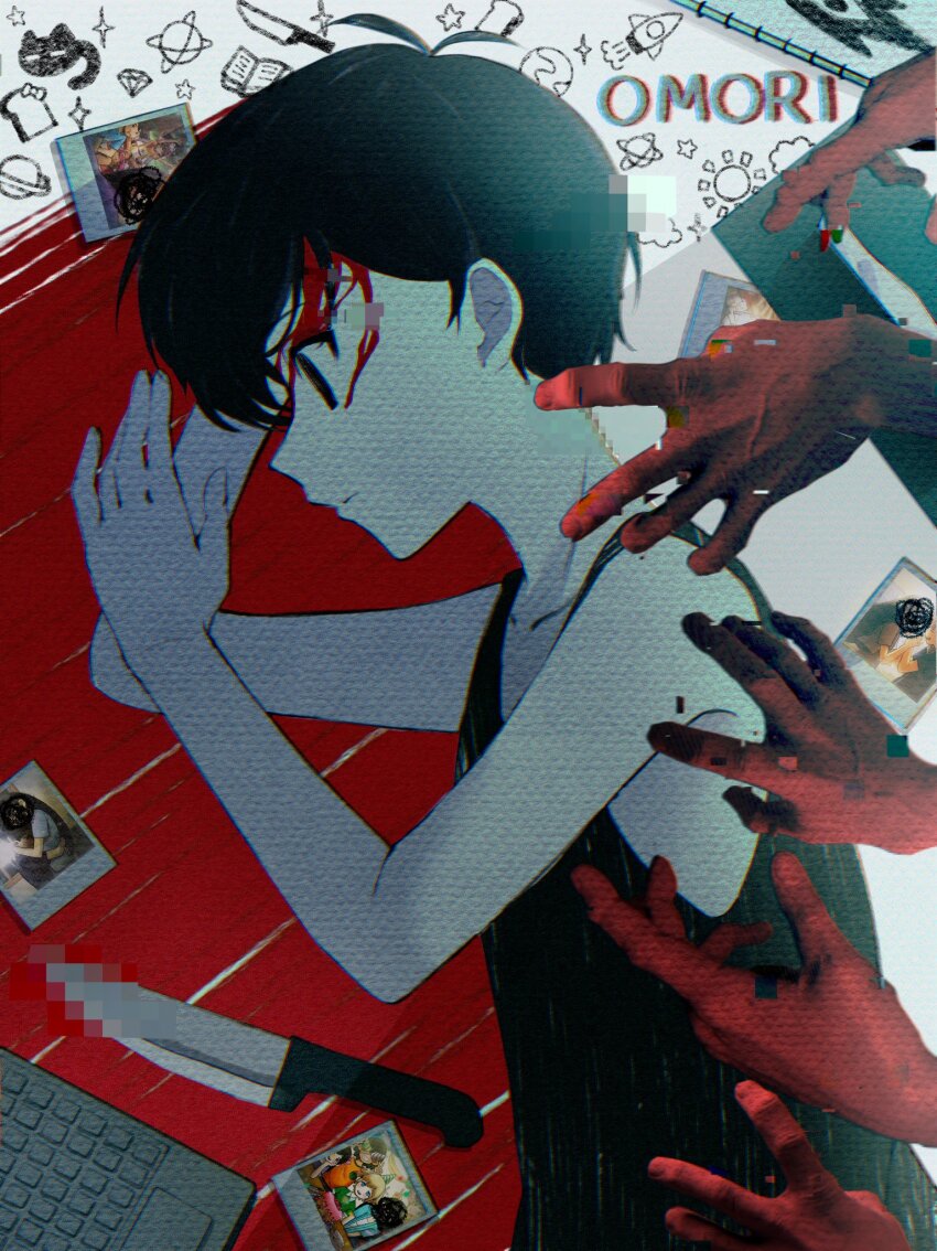 1boy antenna_hair aubrey_(faraway)_(omori) aubrey_(omori) basil_(faraway)_(omori) basil_(omori) black_eyes black_hair black_tank_top chromatic_aberration closed_mouth colored_skin copyright_name hector_(omori) hero_(faraway)_(omori) hero_(omori) highres kel_(faraway)_(omori) kel_(omori) knife lying male_focus mari_(faraway)_(omori) mari_(omori) o3o2sao omori omori_(omori) on_side photo_(object) profile solo something_(omori) tank_top white_skin