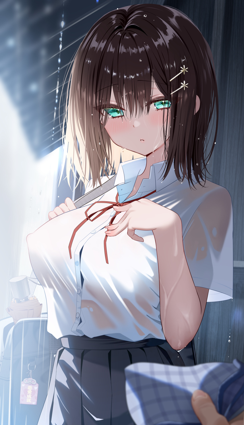 1girl absurdres aqua_eyes bag black_bag black_skirt breasts brown_hair buttons collared_shirt covered_erect_nipples handkerchief highres holding holding_handkerchief large_breasts original piyopoyo red_ribbon ribbon school_bag see-through_clothes shirt short_hair skirt taking_shelter tented_shirt umbrella wet wet_clothes wet_hair white_shirt