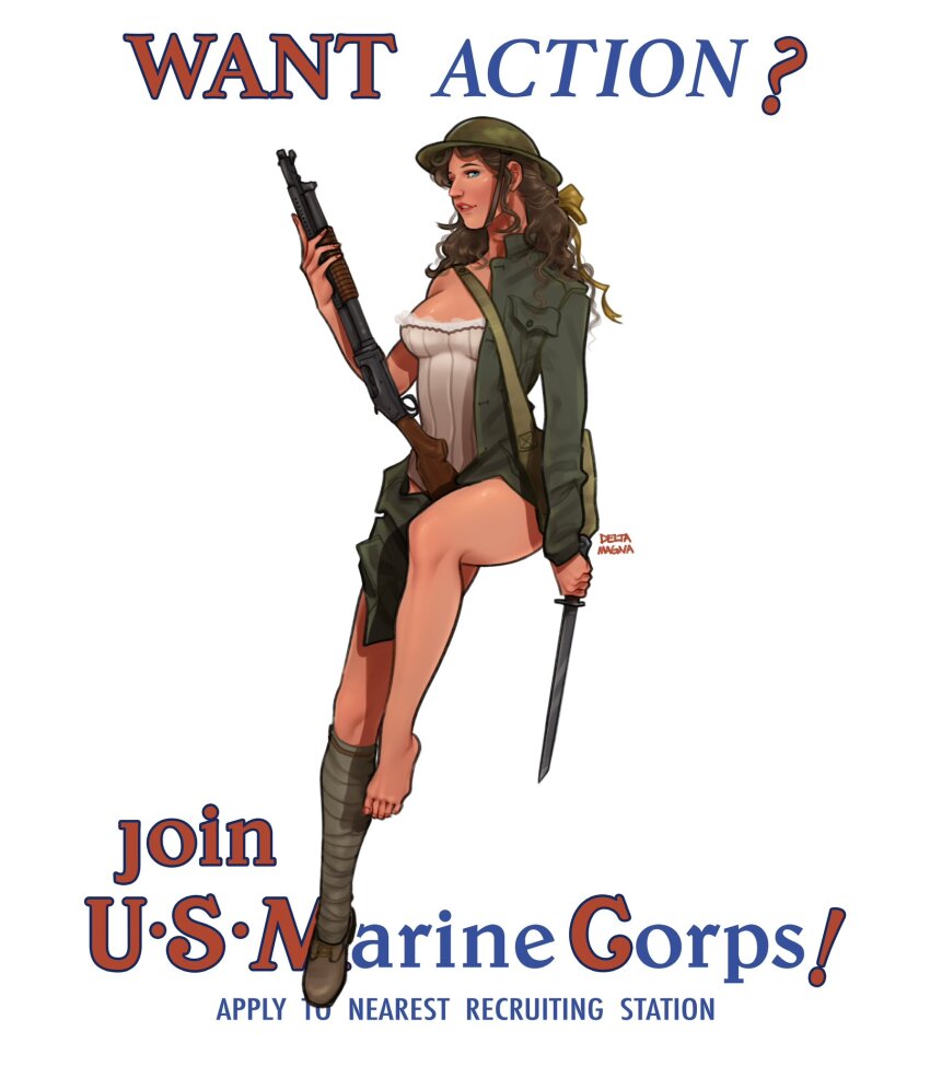 1girl ankle_wrap artist_name bayonet blue_eyes bodice brodie_helmet brown_hair brown_shirt combat_helmet deltamagna english_text green_jacket gun helmet highres holding holding_gun holding_weapon jacket military no_pants original pump_action sexually_suggestive shirt shotgun simple_background solo underwear united_states_marine_corps weapon white_background winchester_model_1897