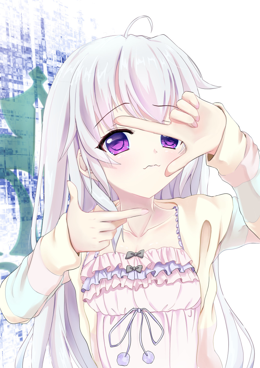 9-nine- :3 absurdres ahoge black_bow blush bow closed_mouth collarbone commentary eyes_visible_through_hair finger_frame frilled_pajamas frills grey_hair hair_between_eyes hair_down hands_up highres jacket long_hair looking_at_viewer miraikanai niimi_sora official_alternate_costume open_clothes open_jacket pajamas pink_pajamas pom_pom_(clothes) purple_eyes sidelocks simple_background sleeves_past_wrists split_mouth striped_clothes striped_jacket upper_body very_long_hair white_background