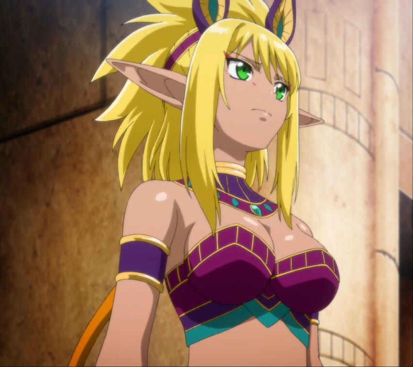 1girl armlet blonde_hair breasts cleavage green_eyes highres jewelry large_breasts midriff pointy_ears ranya_(sentai_red_ga_isekai_de_boukensha_ni_naru) sentai_red_ga_isekai_de_boukensha_ni_naru solo stitched third-party_edit