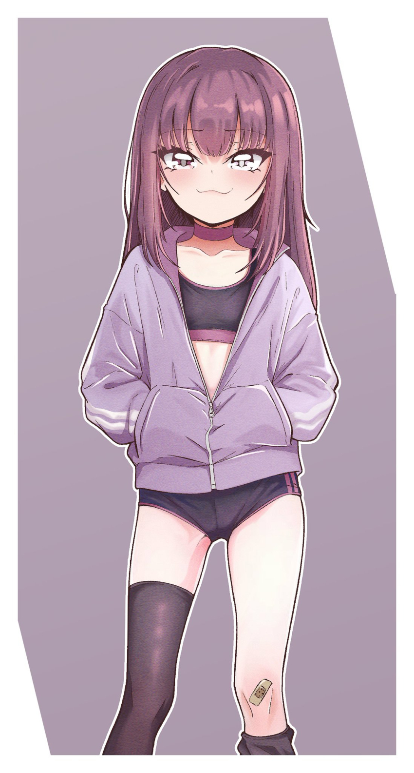 1girl :3 asymmetrical_legwear bandaid bandaid_on_knee bandaid_on_leg black_shorts black_socks black_sports_bra black_thighhighs border center-flap_bangs choker closed_mouth collarbone commentary fallenshadow feet_out_of_frame grey_background grey_jacket hands_in_pockets highres indie_virtual_youtuber jacket kneehighs loli long_hair looking_at_viewer micro_shorts outline partially_unzipped pettan_(zeez4743) purple_choker purple_hair shorts single_thighhigh smile socks solo sports_bra standing straight-on straight_hair thighhighs virtual_youtuber white_border white_outline wispy_bangs