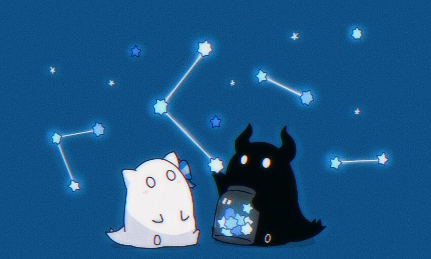 blue_background chromatic_aberration constellation film_grain glowing highres horns hoshikui nerissa_ravencroft no_humans o_o original shooting_star shoutarou_(shoutarotttt) simple_background sitting solid_circle_eyes star_(symbol) white_eyes