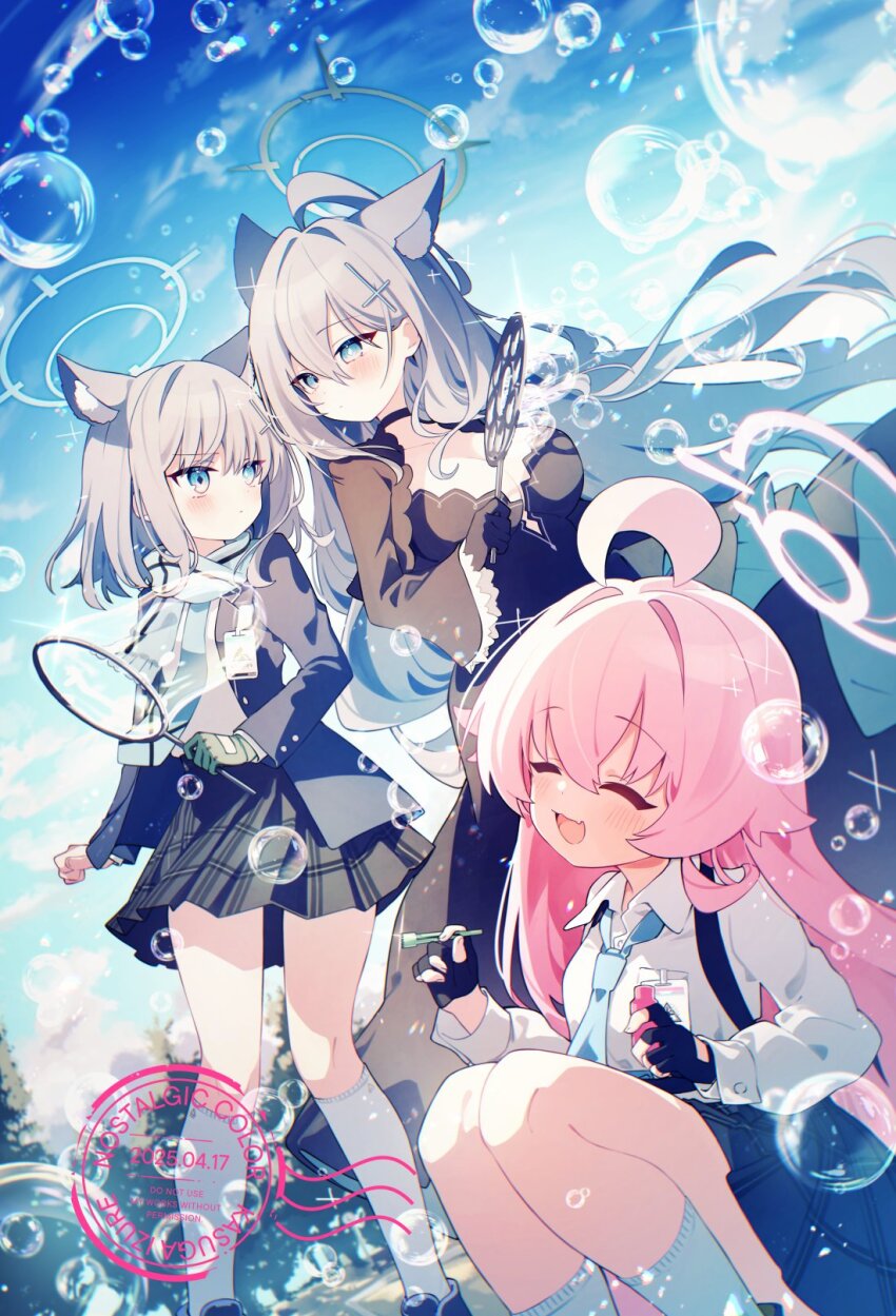 3girls :d ^_^ ahoge animal_ear_fluff animal_ears black_choker black_dress black_skirt blue_archive blue_eyes blue_jacket blue_necktie blue_scarf blue_sky blush breasts bubble bubble_wand choker cleavage closed_eyes closed_mouth cloud collared_shirt commentary_request cross_hair_ornament dated day dress grey_hair hair_between_eyes hair_ornament halo highres holding holding_wand hoshino_(blue_archive) jacket kasuga_haruhi long_hair medium_breasts multiple_girls necktie open_mouth outdoors pink_hair pink_halo pleated_skirt scarf shiroko_(blue_archive) shiroko_terror_(blue_archive) shirt skirt sky smile socks squatting standing very_long_hair wand white_shirt white_socks wolf_ears