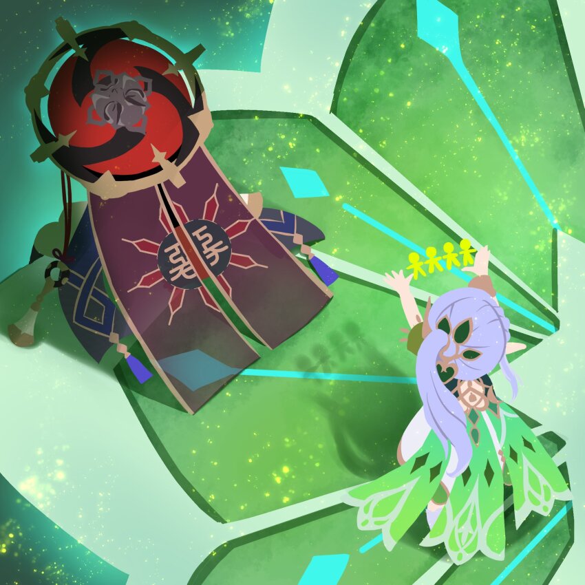 1boy 1girl armlet bracelet cae cape caramelo_game cat&#039;s_cradle detached_sleeves dress following from_above genshin_impact gold green_cape green_sleeves hat highres jewelry jingasa mask mask_on_hat mitsudomoe_(shape) nahida_(genshin_impact) open_hands outstretched_arms pointy_ears red_hat scaramouche_(genshin_impact) shadow side_ponytail sidelocks tassel tomoe_(symbol) veil walking white_dress white_hair bracelet
