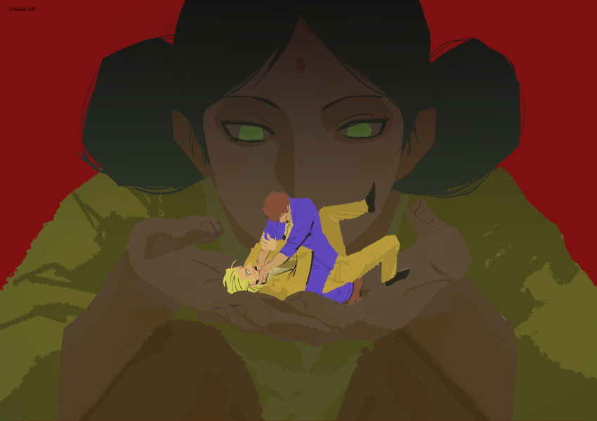 1girl 2boys absurdres arm_grab artist_name bindi black_hair blood blood_on_face char&#039;s_counterattack constricted_pupils crying crying_with_eyes_open cuts dark-skinned_female dark_skin double_bun formal_clothes green_eyes gundam hair_bun highres in_palm injury ishida_6610 lalah_sune long_sleeves looking_at_another mini_person miniboy mobile_suit_gundam multiple_boys no_pupils open_mouth purple_suit red_background scratches simple_background strangling suit tears twitter_username wide-eyed yellow_suit