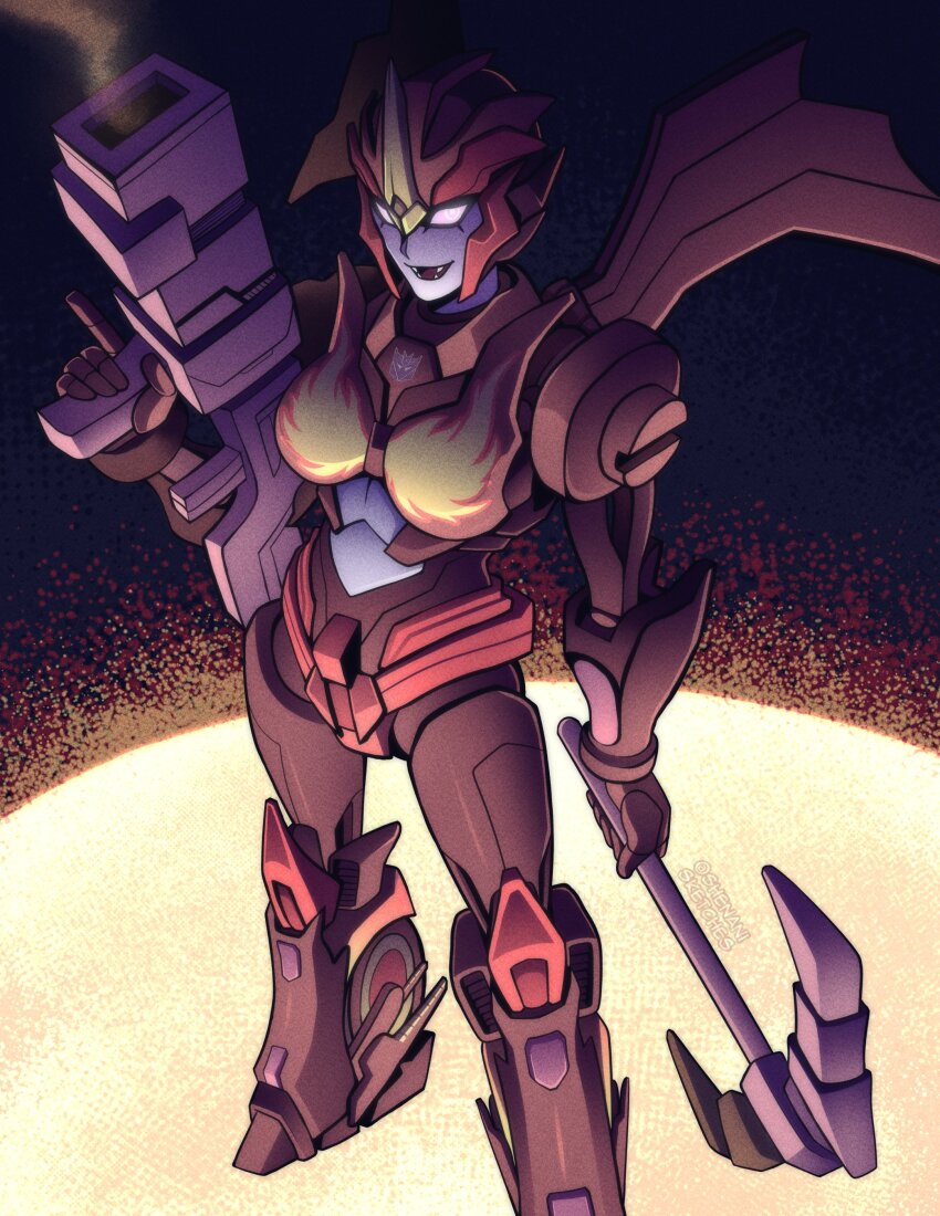 1girl absurdres breasts decepticon fangs flame_print flamewar gun helmet highres humanoid_robot joints mechanical_wings medium_breasts metal_skin orange_panties panties pickaxe pink_eyes robot robot_girl robot_joints shenani solo transformers transformers_prime underwear weapon wings
