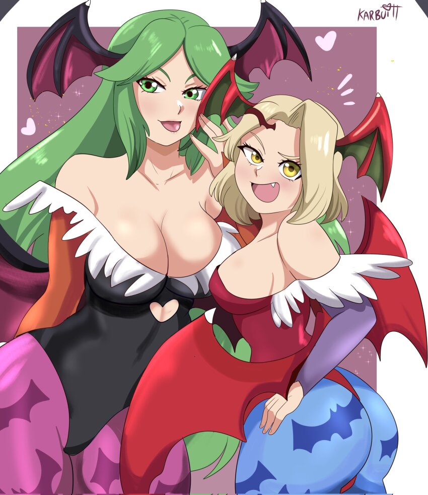 2girls ass bare_shoulders blonde_hair blush breasts bridal_gauntlets cleavage cosplay fang from_behind green_eyes green_hair head_wings highres huge_ass karbuitt kid_icarus kid_icarus_uprising large_breasts leotard lilith_(darkstalkers) lilith_(darkstalkers)_(cosplay) long_hair looking_at_viewer medium_breasts medium_hair morrigan_aensland morrigan_aensland_(cosplay) multiple_girls nintendo open_mouth palutena pantyhose sideboob smile thong thong_leotard tongue tongue_out darkstalkers viridi wings yellow_eyes