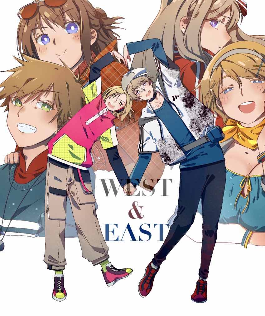 3boys 3girls alternate_costume axis_powers_hetalia belarus_(hetalia) brother_and_sister czech_republic_(hetalia) english_text fermium.ice grin heart_arms_duo highres multiple_boys multiple_girls poland_(hetalia) profile russia_(hetalia) siblings sisters slovakia_(hetalia) smile symmetrical_pose ukraine_(hetalia)
