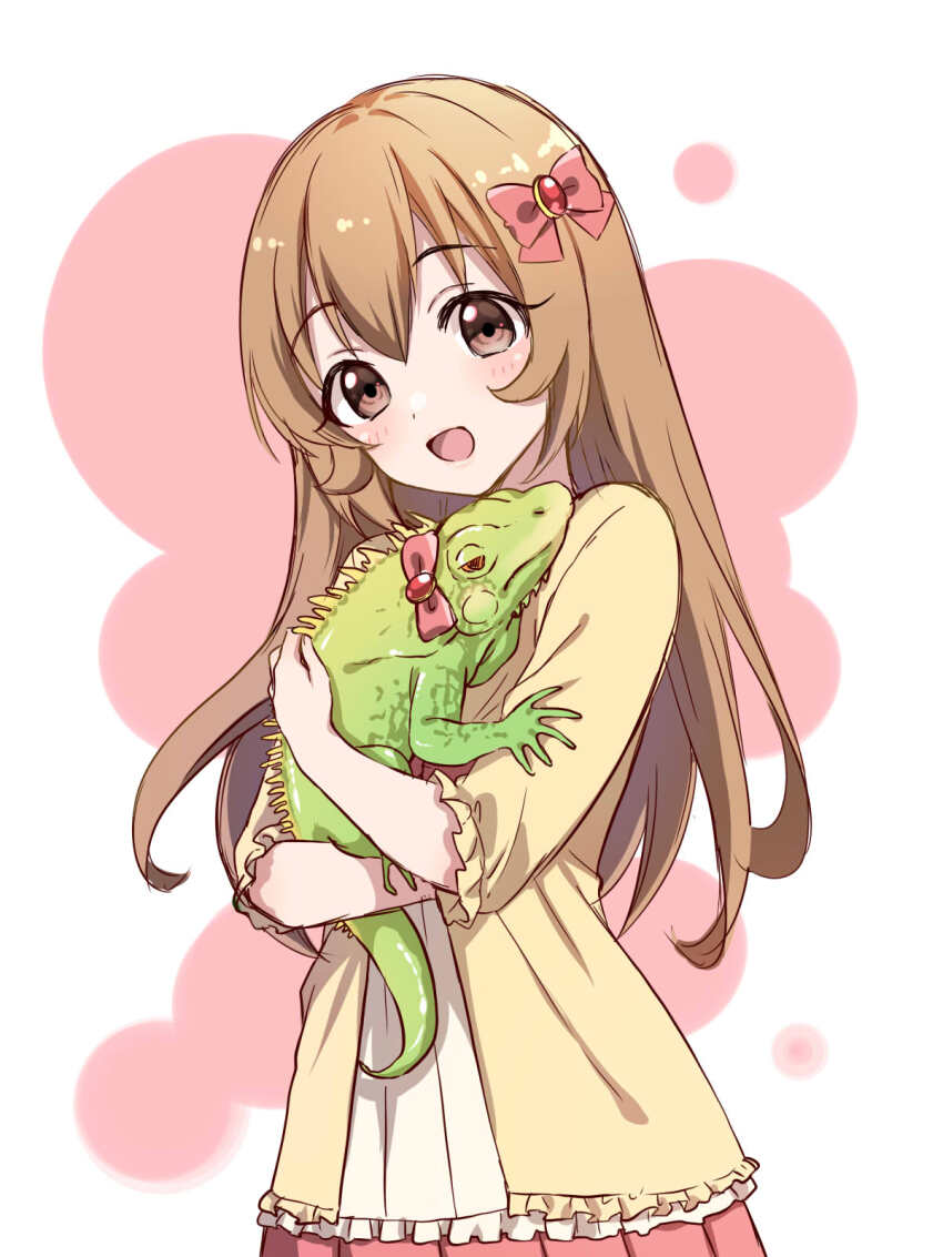 1girl alternate_hair_length alternate_hairstyle animal blush bow brown_eyes brown_hair commentary_request hair_between_eyes hair_bow highres holding holding_animal hyou-kun idolmaster idolmaster_cinderella_girls idolmaster_cinderella_girls_u149 iguana koga_koharu long_hair long_sleeves looking_at_viewer open_mouth pink_bow pink_skirt shirt sidelocks simple_background skirt smile tottoto_tomekichi white_shirt yellow_shirt