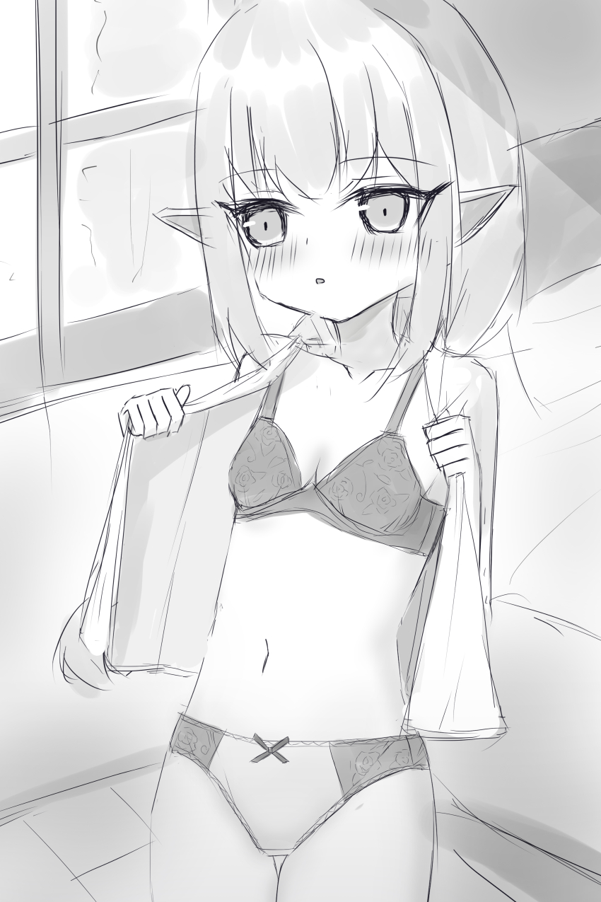 1girl absurdres bed bedroom blush bow bow_panties bra braid breasts collarbone crotch_seam elf floral_print highres loli long_hair looking_at_viewer monochrome navel open_clothes open_mouth open_shirt original panties pointy_ears print_bra print_panties shooko single_braid sketch small_breasts standing underwear undressing window
