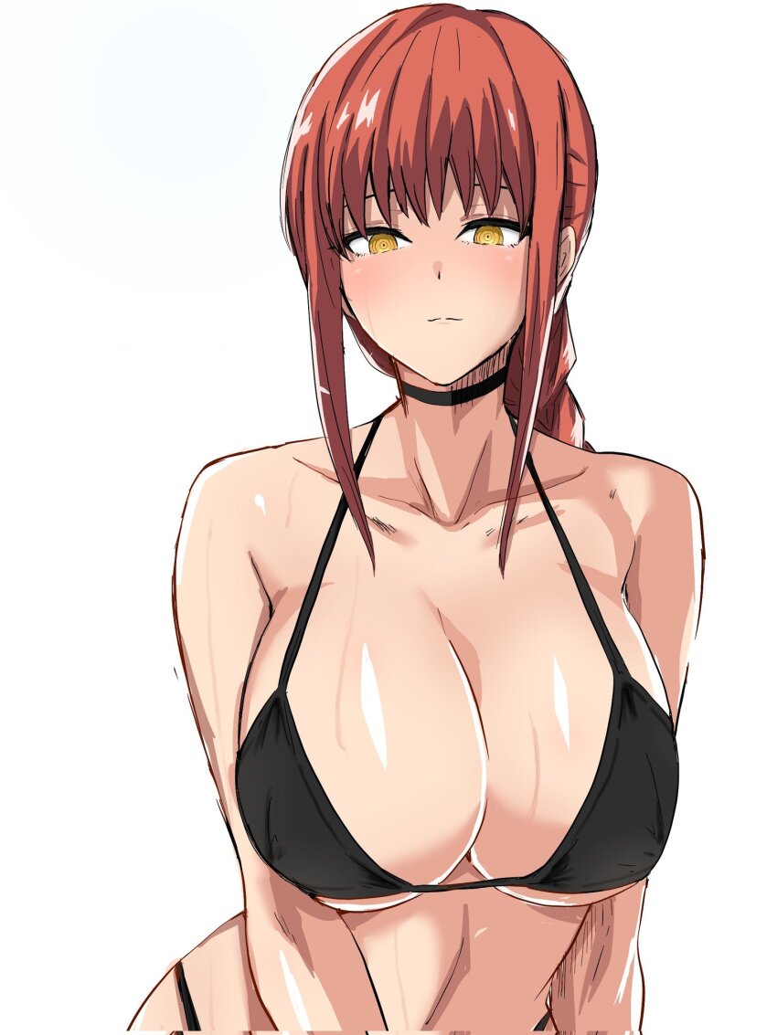 1girl bikini black_bikini black_choker braid braided_ponytail breasts chainsaw_man choker cleavage commentary highres large_breasts looking_at_viewer makima_(chainsaw_man) pinepine1212 red_hair ringed_eyes sidelocks simple_background solo sweat swimsuit upper_body white_background yellow_eyes