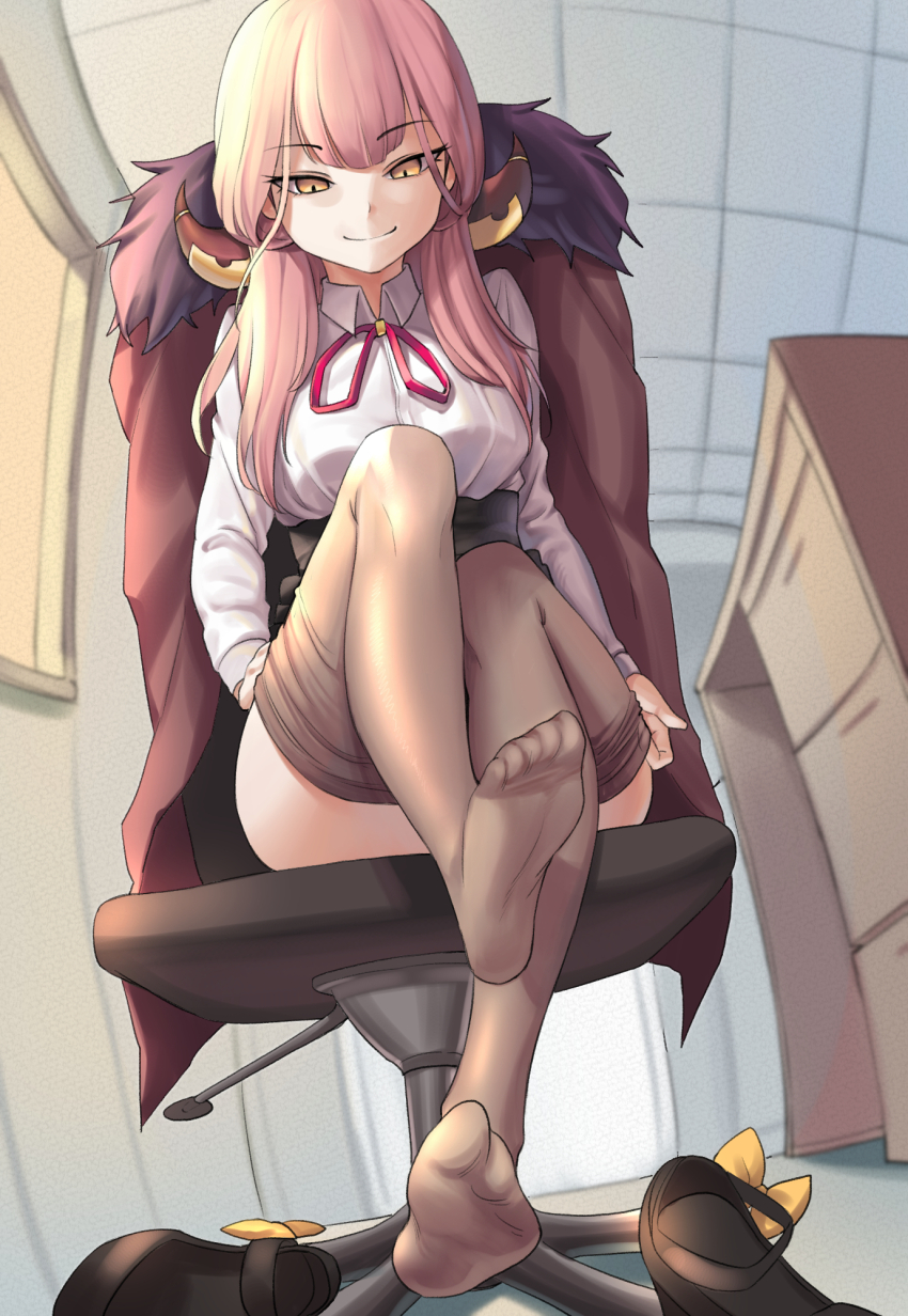 1girl adjusting_clothes adjusting_legwear aru_(blue_archive) ass black_pantyhose black_shoes black_skirt blue_archive blunt_bangs blurry bow bowtie brown_coat chair clothes_pull coat coat_on_shoulders collared_shirt commentary_request demon_girl demon_horns depth_of_field desk feet foot_focus from_below fur-trimmed_coat fur_trim high-waist_skirt high_heels highres horns indoors long_hair long_sleeves office office_chair open_clothes open_coat pantyhose pantyhose_pull pencil_skirt police_riot_(artist) red_bow red_bowtie red_hair school_uniform shirt shoes sidelocks sitting skirt soles solo swivel_chair toes unworn_shoes white_shirt yellow_eyes