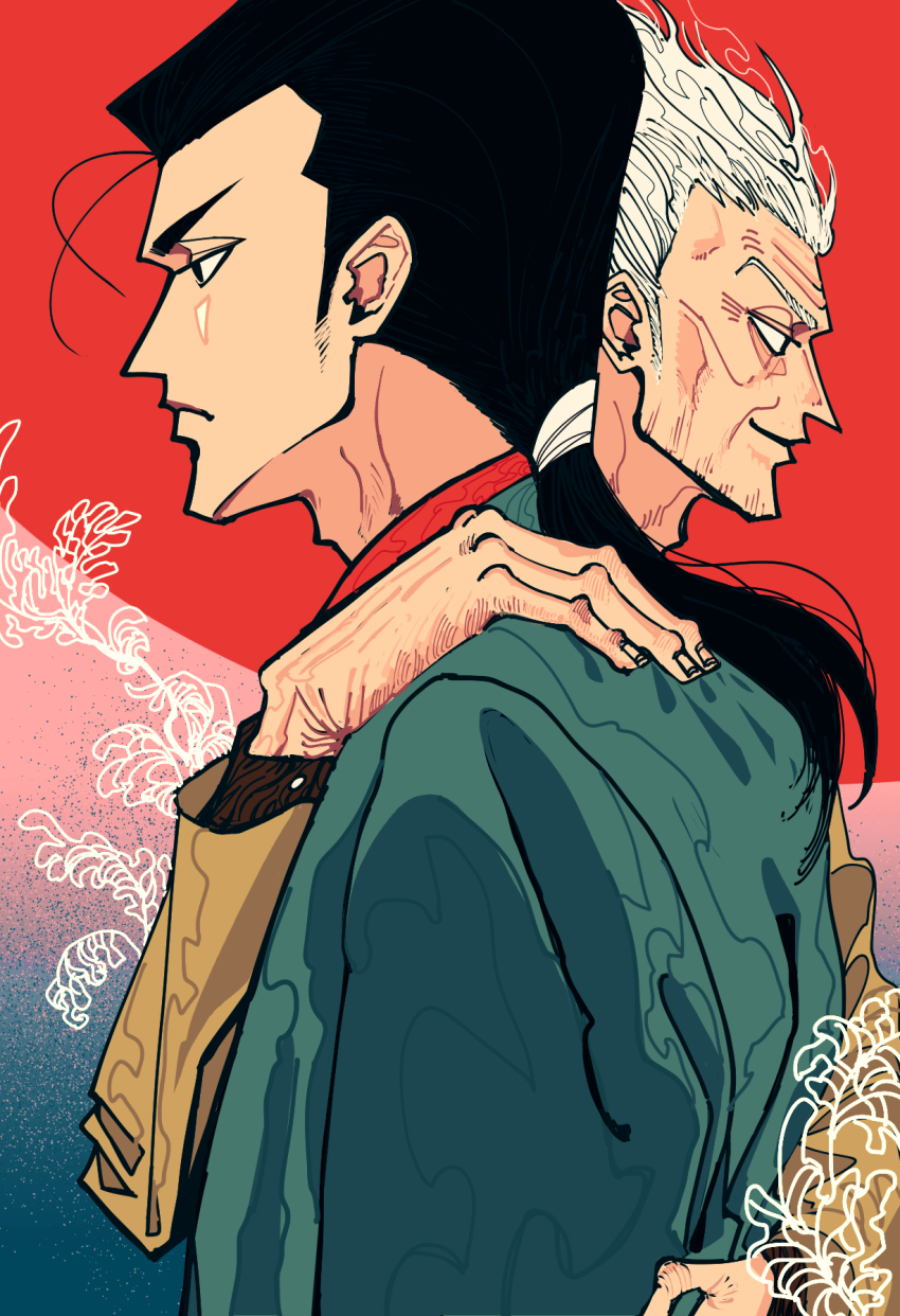 2boys black_eyes black_hair closed_mouth commentary_request frown gin_to_kin green_jacket hand_on_another&#039;s_shoulder highres hirai_ginji jacket long_hair long_sleeves looking_afar low_ponytail male_focus messy_hair morita_tetsuo multiple_boys old old_man ponytail profile red_shirt shirt short_hair smile unlucky-chan upper_body white_hair yellow_jacket