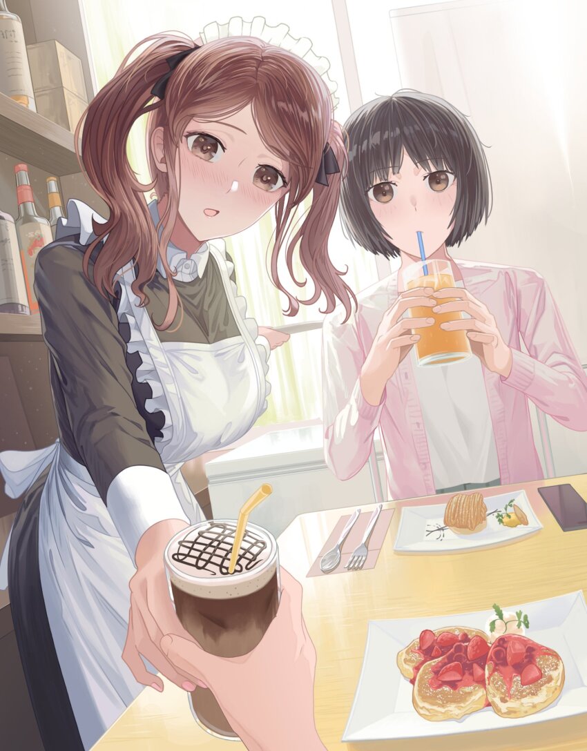 1other 2girls alternate_costume amagami apron black_dress black_hair black_ribbon blush bob_cut bottle box breasts brown_eyes brown_hair cardigan casual cellphone commentary cup dress drink drinking drinking_glass drinking_straw dutch_angle enmaided food fork frilled_apron frilled_hairband frills fruit hair_ribbon hairband highres holding holding_cup holding_drink incoming_drink indoors large_breasts leaning_forward long_hair long_sleeves maid maid_headdress multiple_girls nakata_sae nanidato_(nanidat0) napkin open_mouth parted_bangs pastry phone pink_cardigan plate pov pov_hands ribbon serving shelf shirt short_hair sidelocks sitting small_breasts smartphone spoon strawberry table tachibana_miya twintails white_apron white_hairband white_shirt window