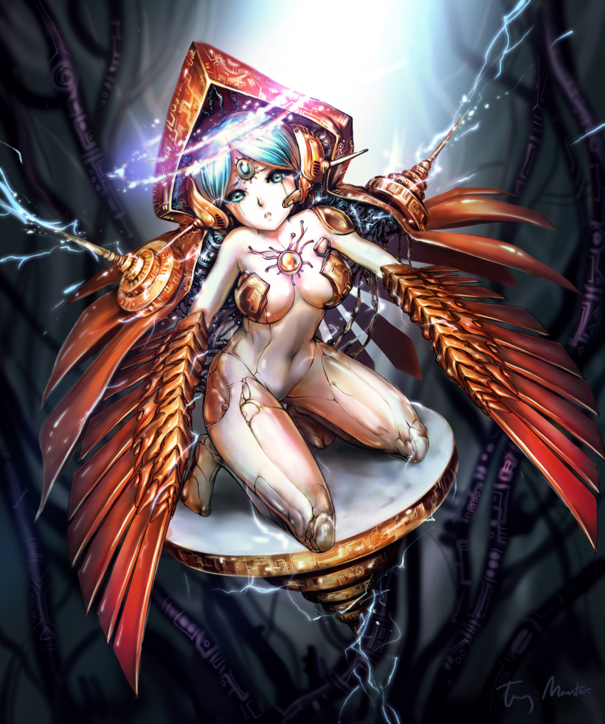 1girl android blue_eyes blue_hair breasts cable cape chest_jewel commentary electricity forehead_jewel full_body headgear highres hood hood_up hooded_cape joints kneeling large_breasts looking_at_viewer original platform robot_joints solo tung-monster winged_arms wings