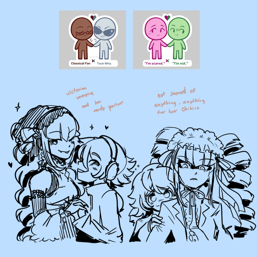 1boy 1girl :p alternate_costume alternate_hairstyle celestia_ludenberg danganronpa:_trigger_happy_havoc danganronpa_(series) drill_hair english_text fujisaki_chihiro headdress headphones hiding hiding_behind_another highres holding_hands long_hair long_sleeves short_hair smile tongue tongue_out twin_drills twinklelitchii twintails