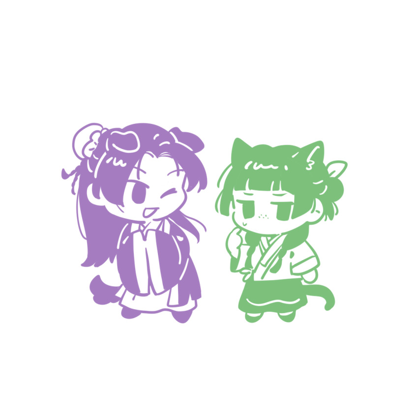 1boy 1girl animal_ear_fluff animal_ears aoqun bow braid bun_cover cat_ears cat_tail chibi chinese_clothes chinese_commentary commentary_request dog_ears dog_tail embarrassed floppy_ears furrowed_brow green_theme hair_bow hair_bun hair_over_shoulder hanfu jinshi_(kusuriya_no_hitorigoto) kemonomimi_mode kusuriya_no_hitorigoto long_hair long_skirt long_sleeves maomao_(kusuriya_no_hitorigoto) mari_sleep multiple_monochrome one_eye_closed open_mouth own_hands_together purple_theme robe scratching_cheek shirt shoes simple_background single_hair_bun skirt sleeves_past_fingers sleeves_past_wrists smile standing sweatdrop tail twin_braids white_background wide_sleeves