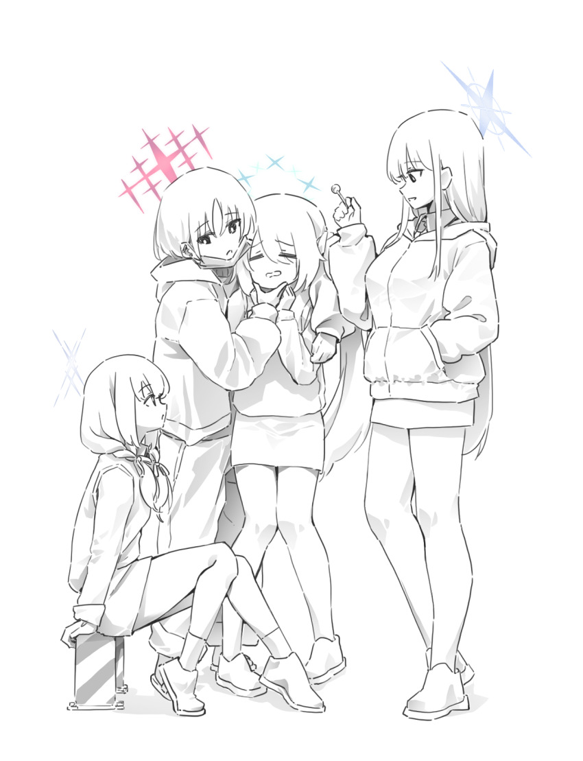 4girls =_= arius_squad_(blue_archive) atsuko_(blue_archive) blue_archive blue_halo candy closed_mouth donggang17 food frown grey_halo greyscale halo hand_in_pocket hand_up highres hiyori_(blue_archive) holding holding_candy holding_food holding_lollipop hood hoodie lollipop long_hair long_sidelocks long_sleeves low-tied_long_hair mask mask_pull miniskirt misaki_(blue_archive) monochrome mouth_mask multiple_girls open_mouth pants parted_bangs pink_halo raised_inner_eyebrows saori_(blue_archive) shoes short_hair sidelocks sitting skirt spot_color standing straight_hair very_long_hair wavy_mouth