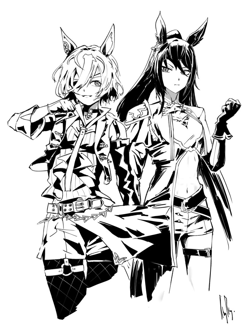 2girls absurdres animal_ears armor belt clasp coat collar commentary_request cowboy_shot cross cross_earrings detached_sleeves ear_ornament earrings eyepatch fishnet_pantyhose fishnets gloves greyscale hair_over_one_eye highres horse_ears horse_girl jacket jewelry long_hair monochrome multicolored_hair multiple_girls o-ring open_clothes open_coat open_jacket pantyhose pauldrons ringring_(artist) rivalry short_hair short_shorts shorts shoulder_armor single_earring single_pauldron split_ponytail streaked_hair symboli_kris_s_(umamusume) tanino_gimlet_(umamusume) thigh_belt thigh_strap umamusume