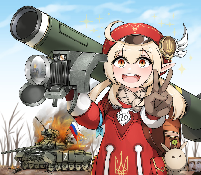 1girl :d ahoge burning newsboy_cap commentary_request fgm-148_javelin fire genshin_impact hair_between_eyes hat highres holding holding_rocket_launcher holding_weapon kkgusxo klee_(genshin_impact) korean_commentary long_hair long_sleeves looking_at_viewer low_twintails military military_vehicle motor_vehicle open_mouth pointy_ears reflection rocket_launcher russian_flag russo-ukrainian_war sidelocks sketch smile solo star_(symbol) tank teeth twintails upper_body upper_teeth_only v vladimir_putin weapon z_(russian_symbol) z_(symbol)