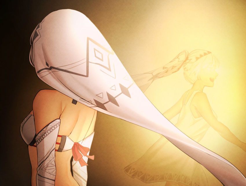 1girl altera_(fate) back bare_shoulders bikini breasts dark-skinned_female dark_skin detached_sleeves fate/extella fate/extra fate_(series) highres hiyayaako medium_breasts multiple_views open_mouth short_hair smile swimsuit veil white_bikini white_hair
