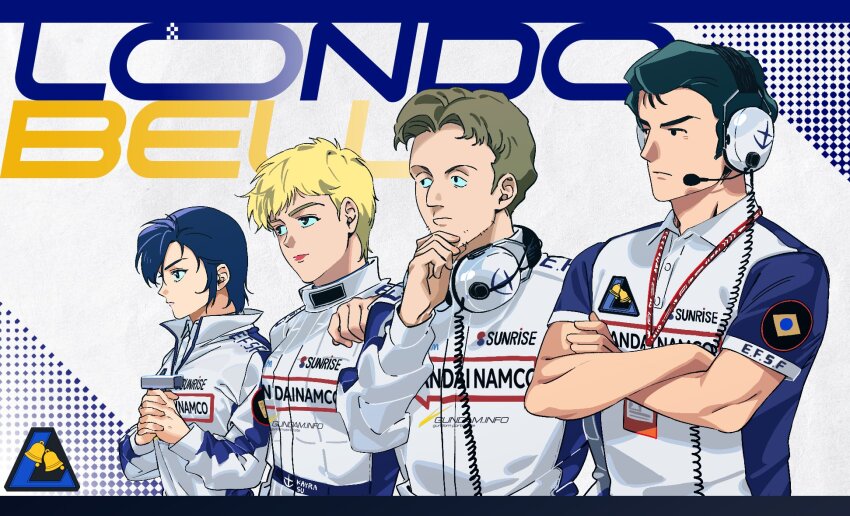 2boys 2girls astonaige_medoz black_hair blonde_hair blue_eyes blue_hair bright_noa brown_hair chan_agi char&#039;s_counterattack closed_mouth clothes_writing commentary company_name crossed_arms dnwn_stone green_eyes gundam hand_on_own_chin headphones headphones_around_neck highres holding jacket kayra_su long_sleeves microphone multiple_boys multiple_girls own_hands_clasped own_hands_together racing short_hair short_sleeves smile sponsor symbol-only_commentary
