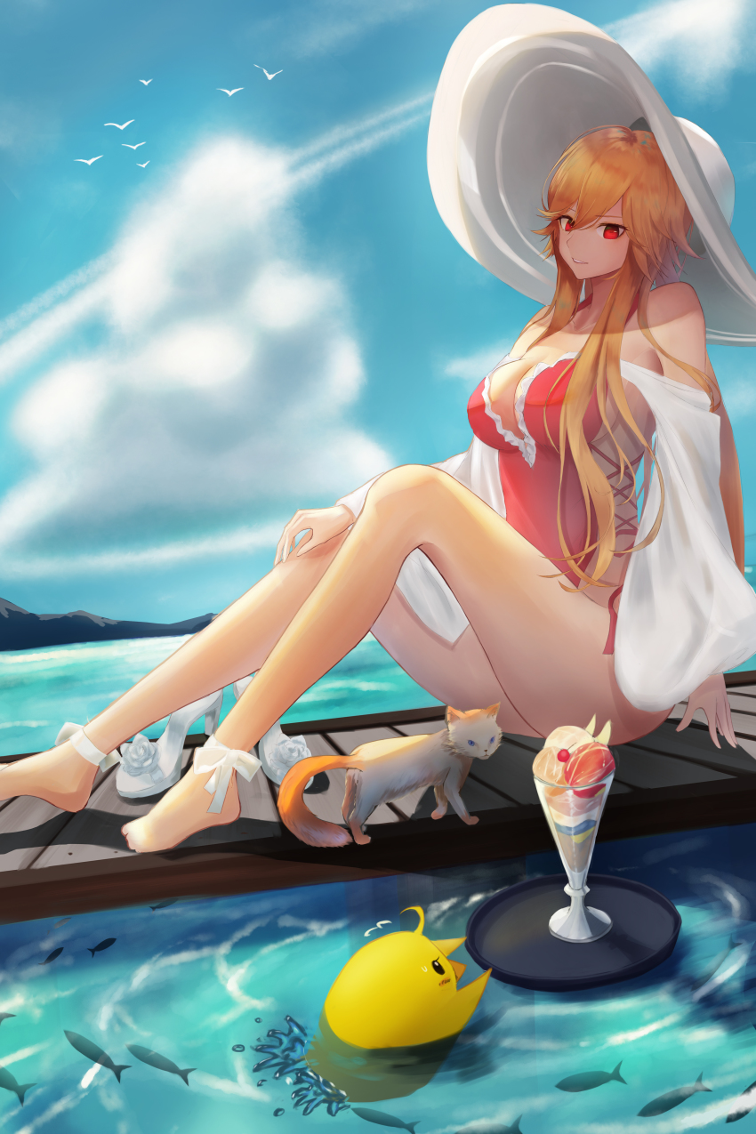 1girl absurdres azur_lane breasts cat cleavage cross-laced_clothes cross-laced_one-piece_swimsuit day fish food frilled_one-piece_swimsuit frilled_swimsuit frills from_side full_body hat high_heel_sandals high_heels highleg highleg_one-piece_swimsuit highres large_breasts manjuu_(azur_lane) one-piece_swimsuit orange_hair outdoors parfait pink_one-piece_swimsuit red_eyes richelieu_(azur_lane) richelieu_(fleuron_of_the_waves)_(azur_lane) sandals shigma shoes side-tie_swimsuit solo summer sun_hat swimsuit unworn_shoes water white_hat white_shoes