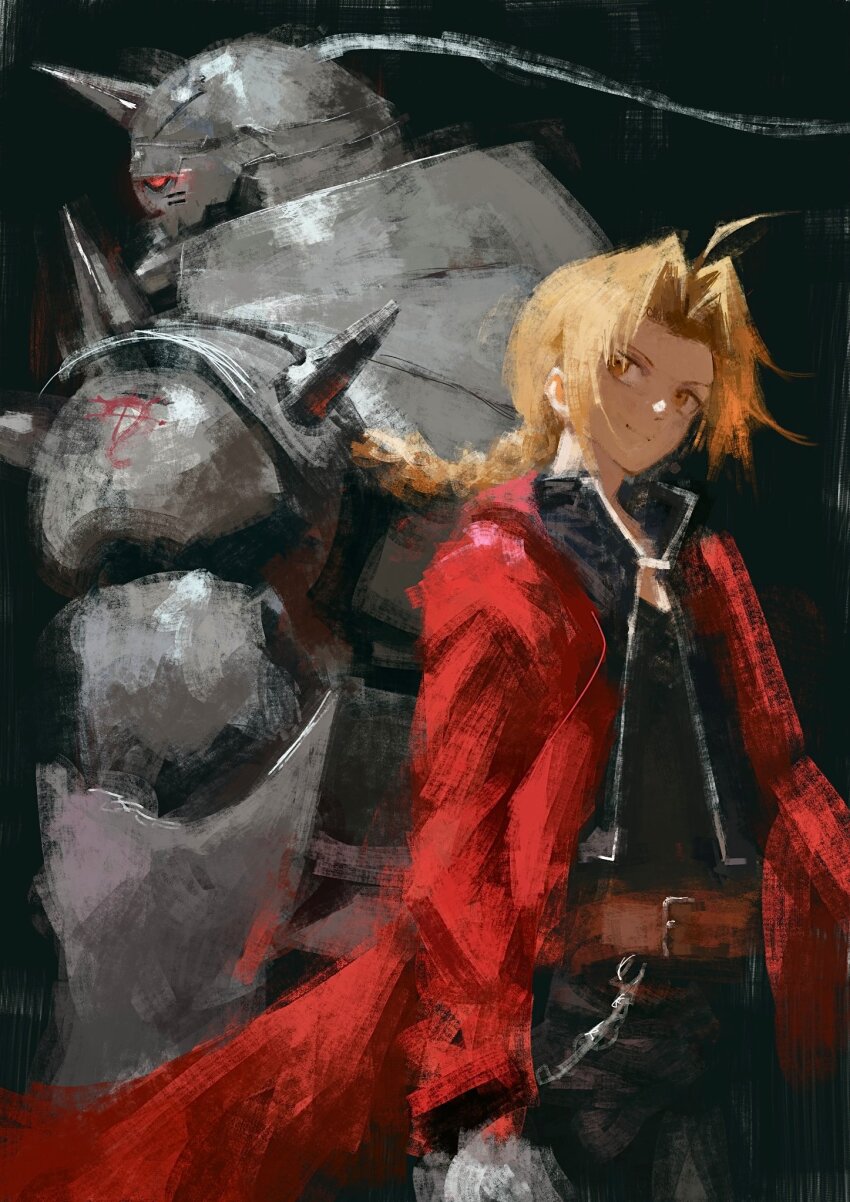 2boys alphonse_elric armor belt black_pants black_shirt blonde_hair braid brothers brown_belt coat cowboy_shot edward_elric full_armor fullmetal_alchemist fuyumurasaki highres light_smile long_hair male_focus multiple_boys orange_eyes pants ponytail red_coat red_eyes shirt siblings