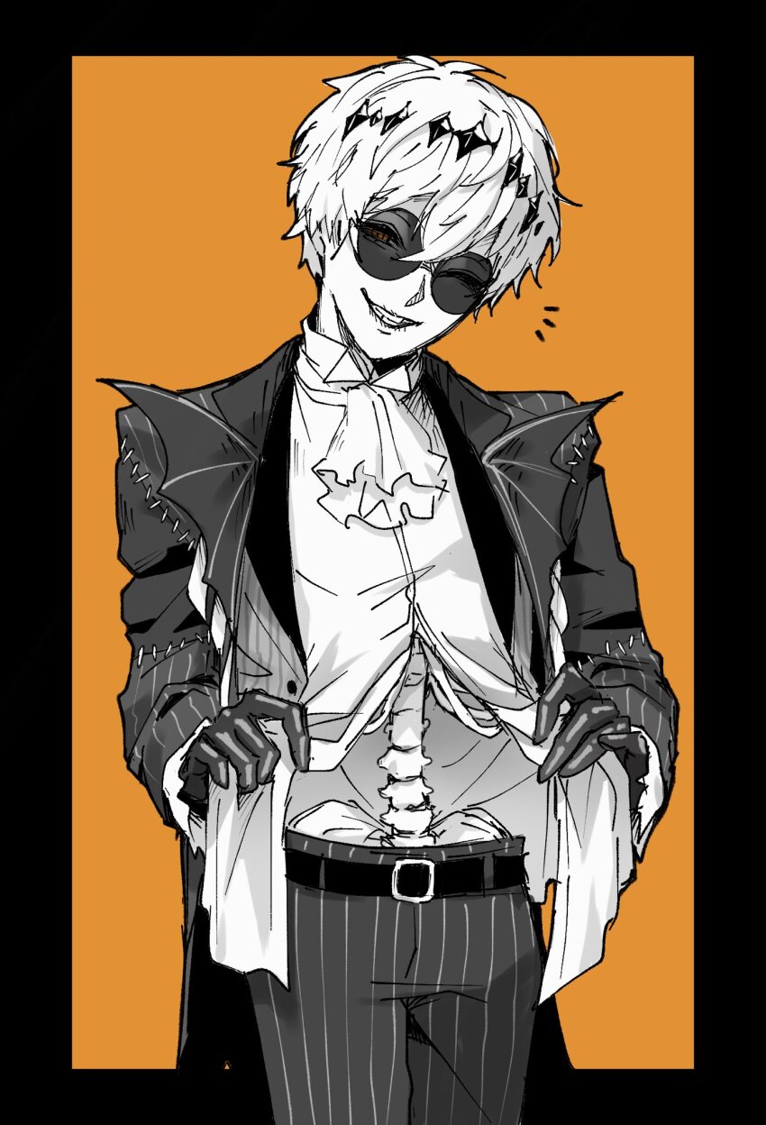 1boy ascot belt belt_buckle black_belt black_border black_hairband border buckle clothes_lift coat diamond_hairband exposed_bone flashing grey_coat grey_pants grin hair_between_eyes hairband head_tilt highres lifting_own_clothes long_sleeves looking_at_another looking_at_viewer male_focus mitsuro_illust notice_lines one_eye_closed open_clothes open_coat orange_background orange_eyes orange_hair outside_border pants pinstripe_pants pinstripe_pattern round_eyewear shirt short_hair simple_background skeleton skully_j._graves smile solo stitches striped_clothes striped_pants sunglasses twisted_wonderland vertical-striped_clothes vertical-striped_pants white_ascot white_hair white_shirt