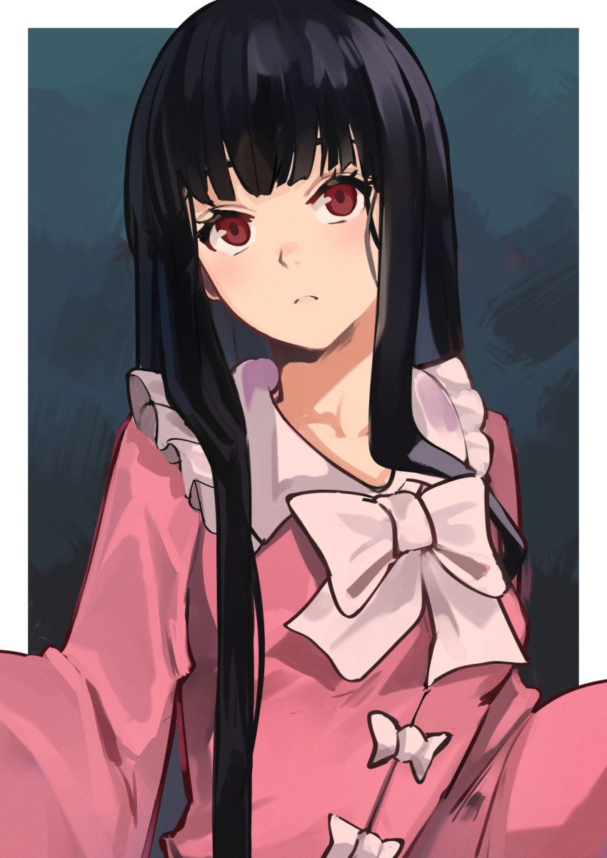 1girl black_background black_hair bow bowtie breasts closed_mouth commentary contrast_collar daweykun frilled_shirt_collar frills frown highres houraisan_kaguya long_hair long_sidelocks long_sleeves looking_at_viewer outside_border pink_shirt red_eyes shirt sidelocks small_breasts solo straight_hair touhou upper_body white_background white_bow white_bowtie