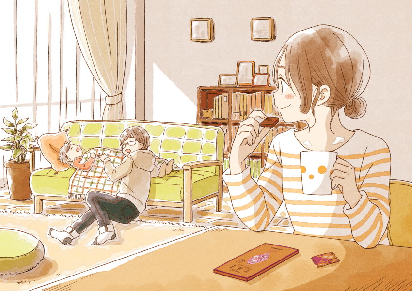 1girl 2boys absurdres ad backlighting black_pants blanket blush_stickers bookshelf brown_hair brown_hoodie chair child chocolate closed_eyes closed_mouth coffee_mug couch cup curtains cushion denim dot_nose drink eating elbow_rest elbows_on_table evening eyebrows family film_grain floor food fringe_trim from_side hair_bun hand_up hands_up hatching_(texture) highres holding holding_chocolate holding_cup holding_drink holding_food hood hood_down hoodie indoors itunohika jeans knee_up leaning_on_object linear_hatching living_room long_sleeves looking_at_another looking_away looking_to_the_side lying mother&#039;s_day mother_and_son mug multiple_boys muted_color no_shoes official_art on_back on_floor open_mouth original pale_color pants photo_(object) picture_frame pinstripe_pattern plaid_blanket plant potted_plant print_mug product_placement profile rug semi-rimless_eyewear shade shirt single_hair_bun sitting sleeping sleeping_upright slice_of_life smile socks steam striped_clothes striped_shirt sunlight swept_bangs table tareme tassel two-tone_shirt u_u under-rim_eyewear upper_body vertical_stripes wide_shot window wooden_floor wooden_table
