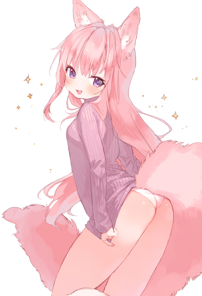 1girl animal_ears ass blush bottomless breasts commentary_request fox_ears fox_tail highres long_hair looking_at_viewer looking_back mutou_mato open_mouth original panties pink_hair purple_eyes small_breasts smile solo sparkle sweater tail underwear very_long_hair wedgie white_panties