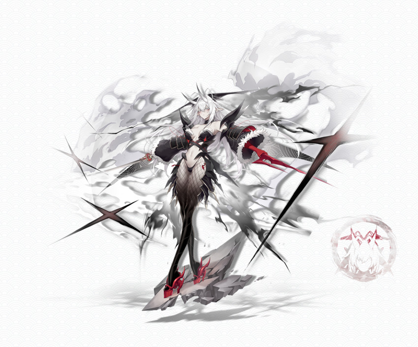 artist_request check_artist clover_theater demon_girl eyeliner fishnet_pantyhose fishnets full_body grey_eyes holding holding_sword holding_weapon horns katana long_hair long_sleeves makeup official_art oni ootakemaru_(clover_theater) pale_skin pantyhose pointy_ears red_eyeliner shanyao_jiang_tororo standing sword weapon white_hair white_horns wide_sleeves