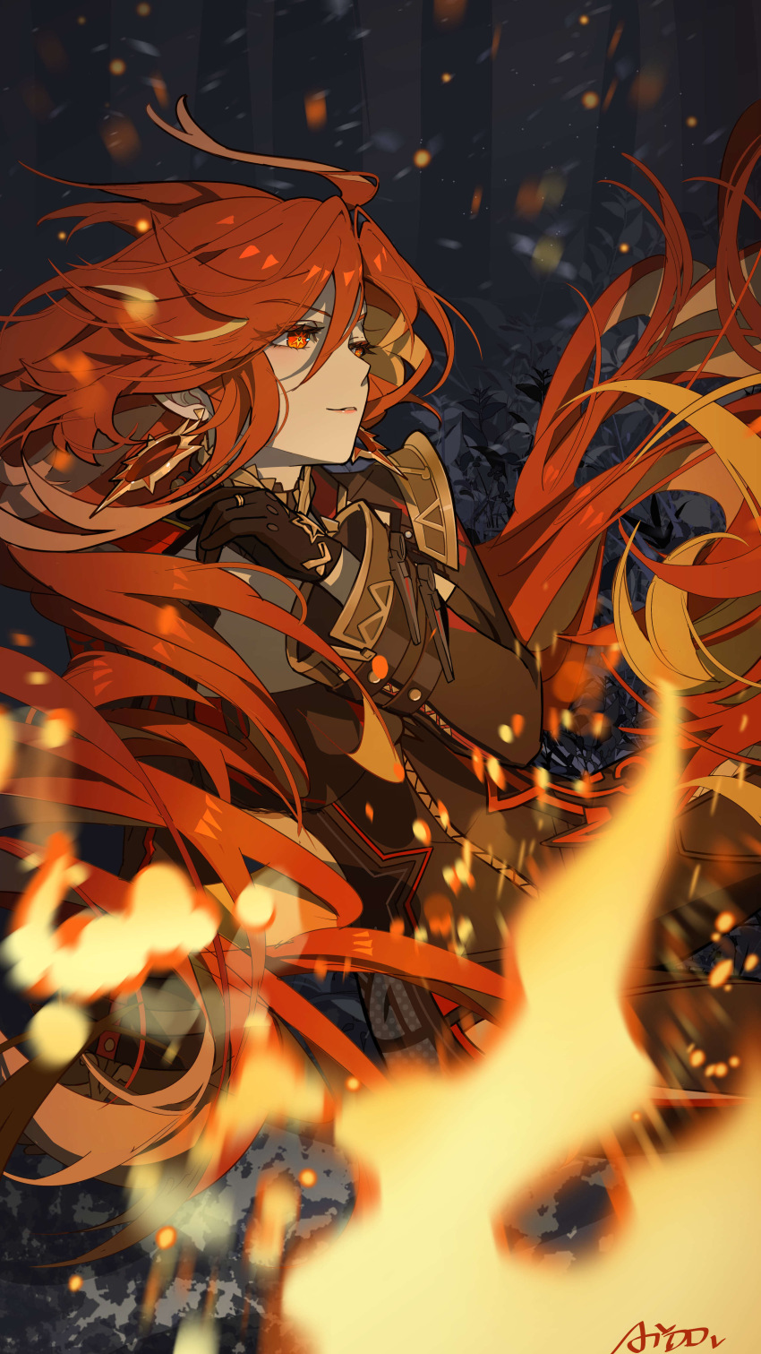1girl absurdres ai_dongdong biker_clothes bikesuit black_bodysuit black_gloves blonde_hair bodysuit earrings floating_hair genshin_impact gloves hair_between_eyes highres jewelry long_hair long_sleeves looking_to_the_side mavuika_(genshin_impact) multicolored_hair parted_lips red_eyes red_hair signature smile solo sun_earrings