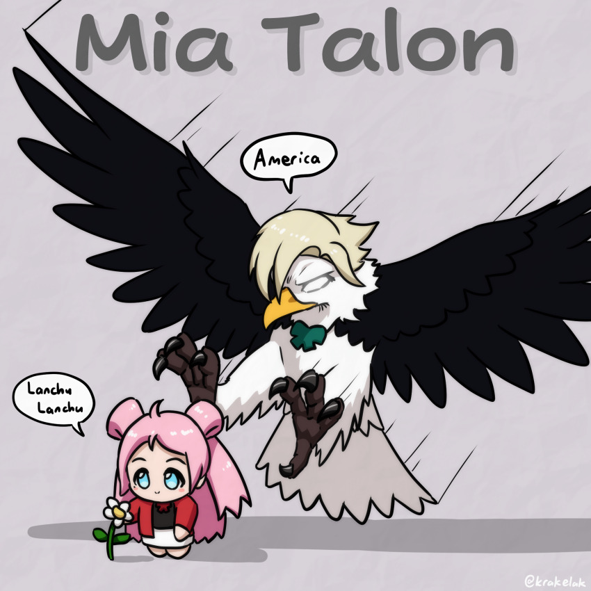 2girls ahoge animalization attack bald_eagle bird black_shirt blonde_hair blue_eyes chibi eagle flower glowing glowing_eye green_ribbon grey_background highres jacket krakelak long_hair long_sleeves looking_at_flowers love_live! love_live!_nijigasaki_high_school_idol_club mia_taylor mole mole_under_eye motion_lines multiple_girls neck_ribbon nijigasaki_school_uniform parted_bangs pink_hair pun red_jacket red_ribbon ribbon school_uniform shirt short_hair sidelocks speech_bubble speed_lines talons text_focus twitter_username two_side_up white_flower zhong_lanzhu