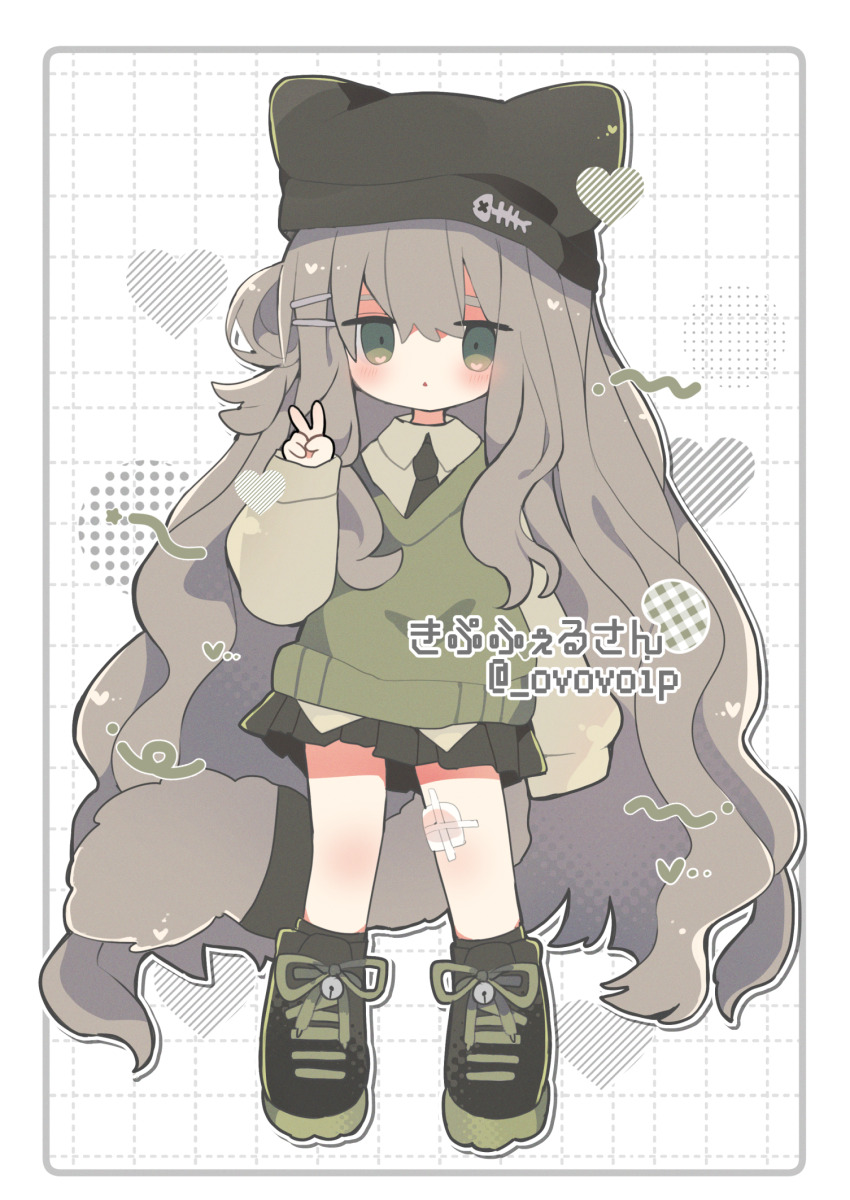 1girl animal_ear_headwear animal_ears animal_hat artist_name bandaid bandaid_on_leg beanie black_hat black_necktie black_shoes black_skirt black_socks blush border brown_hair cat_hat chibi collared_shirt fake_animal_ears fish_skeleton fish_skeleton_hair_ornament full_body green_eyes green_shoes green_sweater grey_hair grid_background hair_between_eyes hair_bun hair_ornament hairclip hand_up hat heart highres kipfel_(vrchat) large_tail long_hair long_sleeves looking_at_viewer mochiyama_kingyo necktie ovoip pleated_skirt shirt shoes skirt sleeves_past_wrists sneakers socks solo standing straight-on sweater sweater_vest tail twitter_username v very_long_hair vest vrchat white_shirt