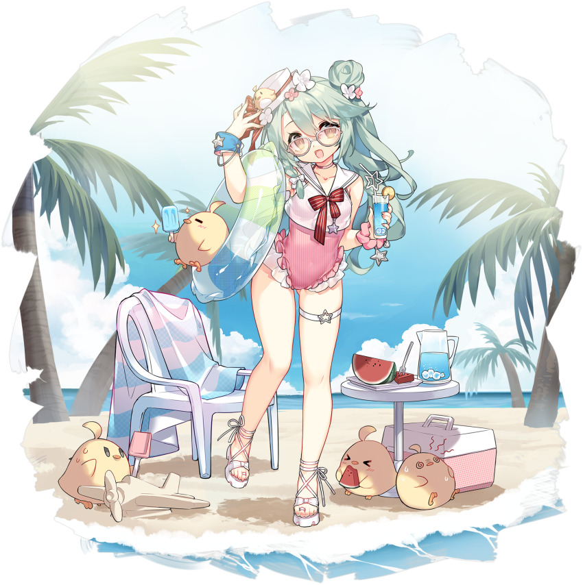 1girl animal azur_lane bare_shoulders beach bird breasts chair choker collarbone day drinking_straw eating flower food fork frilled_one-piece_swimsuit frilled_swimsuit frills fruit full_body glass glasses hair_bun hair_ornament hand_up hat head_tilt highres holding ice ice_cube innertube jar langley_(azur_lane) langley_ii_(azur_lane) langley_ii_(on-the-clock_vacation)_(azur_lane) lemon lemon_slice looking_at_viewer manjuu_(azur_lane) mini_hat ocean official_art one-piece_swimsuit open_mouth outdoors palm_leaf palm_tree popsicle ribbon sailor_collar sand_sculpture sandals saru see-through_clothes shadow shiny_skin shovel simple_background small_breasts smile solo star_(symbol) swim_ring swimsuit table thigh_strap thighs toes towel tree water watermelon watermelon_slice wrist_cuffs