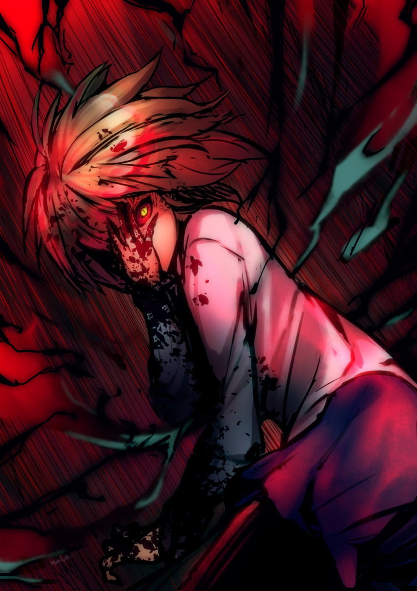 1girl ahoge arcueid_brunestud blonde_hair blood blood_on_clothes blood_on_face blood_on_hands chienon colored_sclera hand_on_own_face highres looking_at_viewer red_arcueid red_sclera short_hair sweater tsukihime yellow_eyes