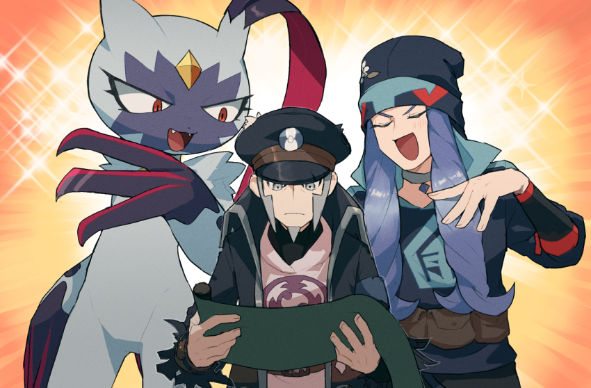 2boys armlet bag beanie belt belt_pouch black_coat black_hat black_undershirt choker claws closed_eyes closed_mouth coat diamond_(shape) diamond_clan_outfit eyelashes facial_hair fangs feathers goatee grey_eyes grey_fur grey_hair hat holding holding_scroll ingo_(pokemon) jewelry light_blush long_hair melli_(pokemon) multiple_boys nintendo open_mouth orange_background pearl_clan_outfit pokemon pokemon_(creature) pokemon_legends:_arceus pouch purple_claws purple_hair reading red_eyes satchel scroll sideburns sidelocks smug sneasler sparkle sparkle_background torn_clothes torn_coat turtleneck two-tone_fur undershirt weasel wrbs