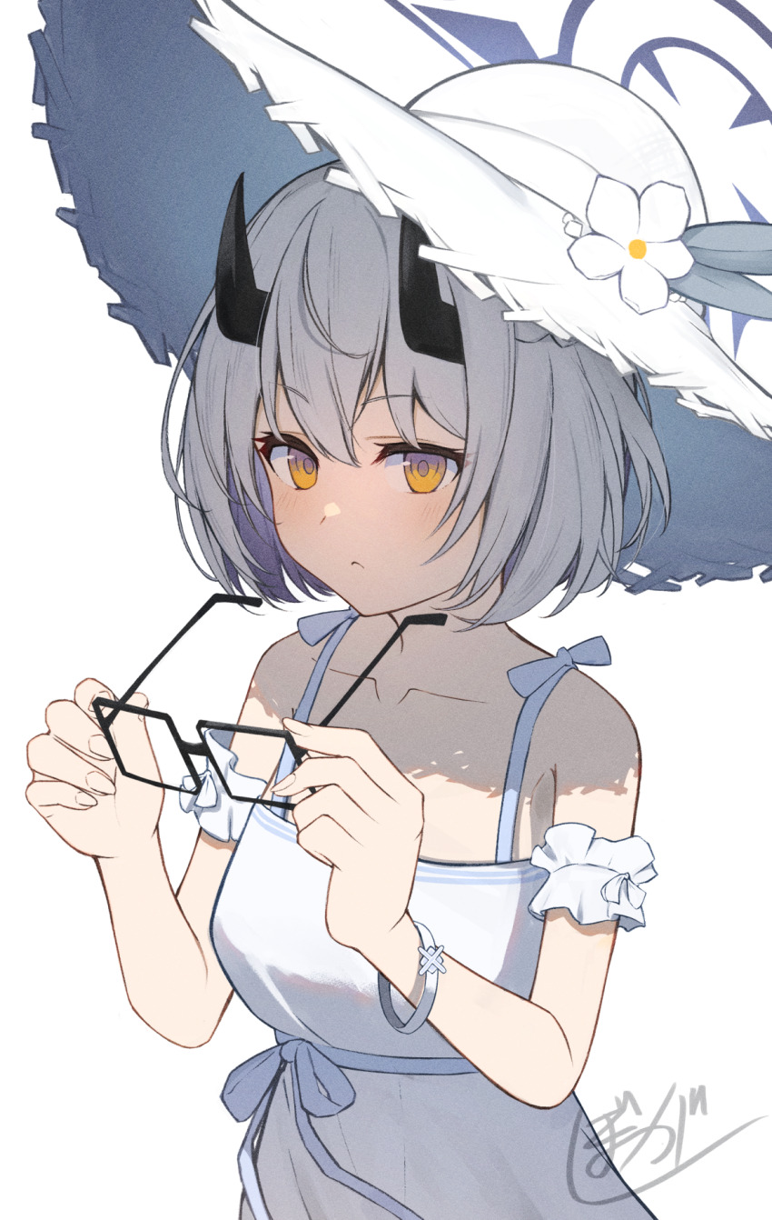 1girl armband artist_name blue_archive bougashi bracelet collarbone demon_horns dress flower frilled_armband frills grey_hair grey_halo halo hat hat_flower highres holding holding_removed_eyewear horns jewelry sena_(blue_archive) sena_(casual)_(blue_archive) short_hair silver_bracelet sun_hat unworn_eyewear white_background white_dress white_flower white_hat yellow_eyes