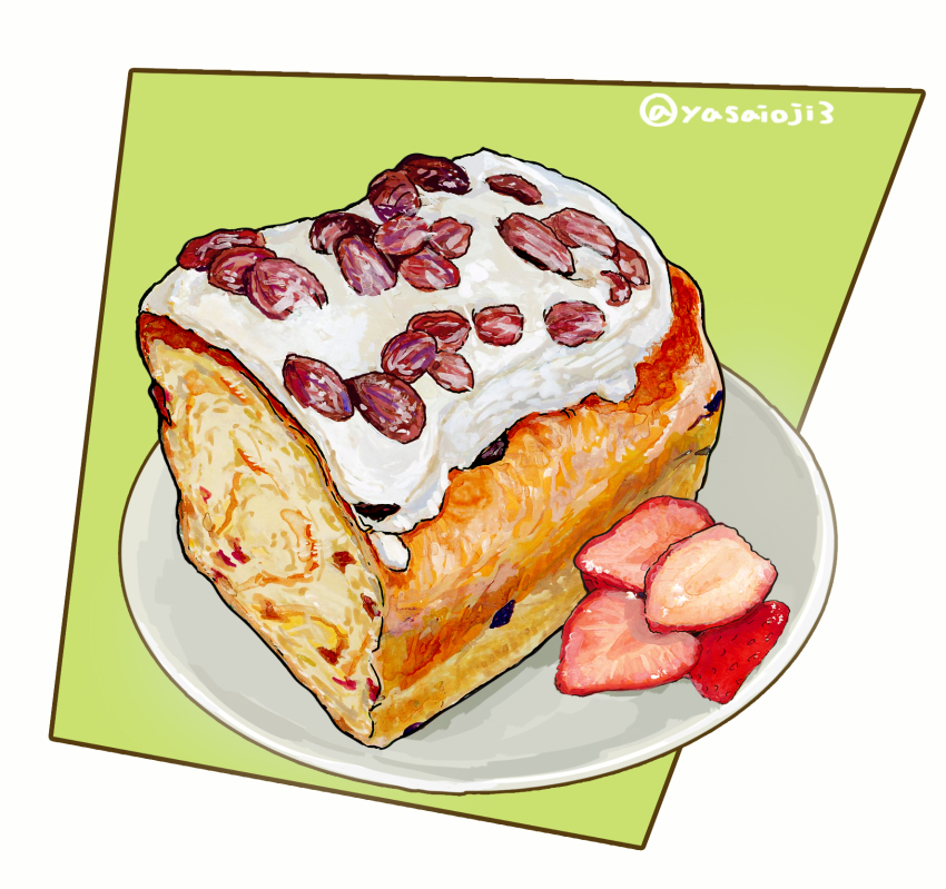 cake food food_focus fruit fruitcake highres icing no_humans original plate raisin_(fruit) still_life strawberry twitter_username yasaioji3