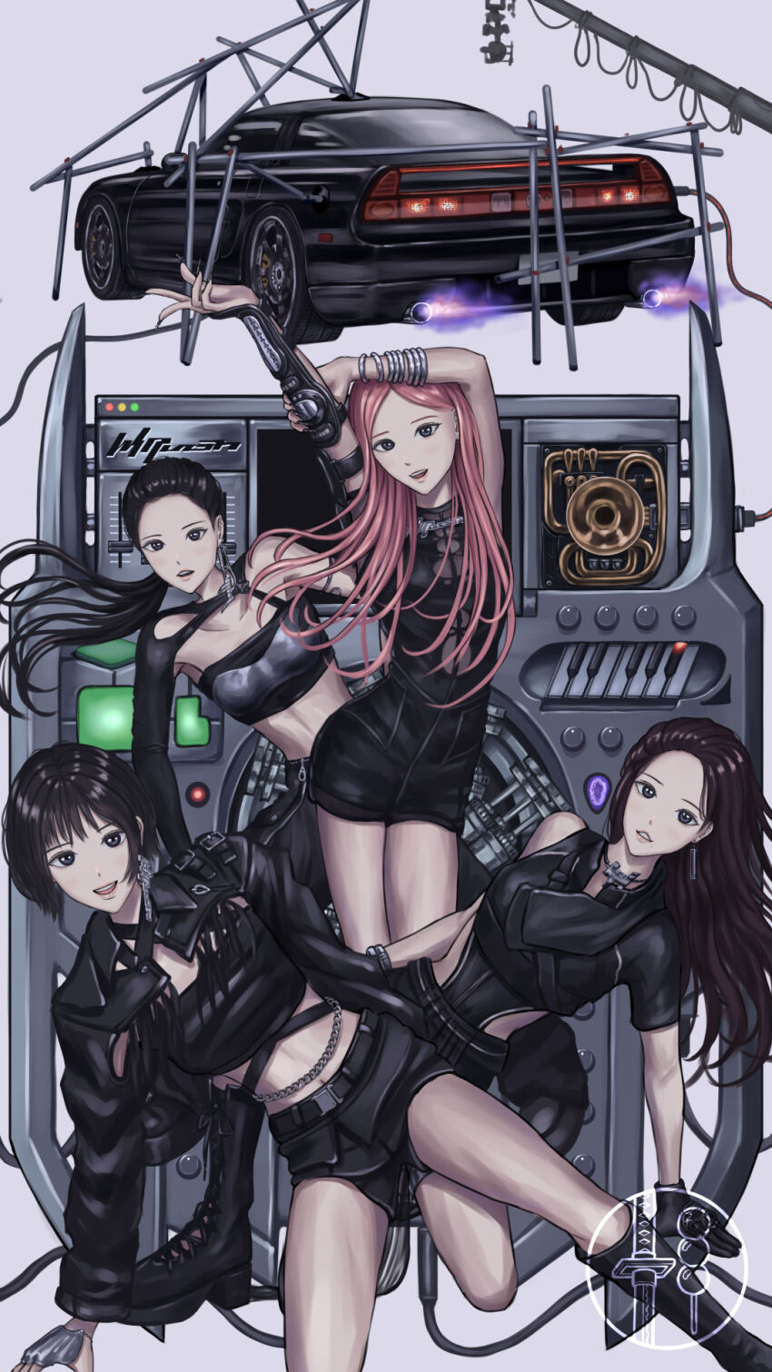 4girls aespa arms_up black_boots black_hair black_shorts boots bracelet car commentary cropped_jacket earrings giselle_(aespa) highres jewelry k-pop karina_(aespa) long_hair looking_at_viewer motor_vehicle multiple_girls ningning_(aespa) pink_hair ponytail real_life sanoichi_01 short_sleeves shorts smile winter_(aespa)
