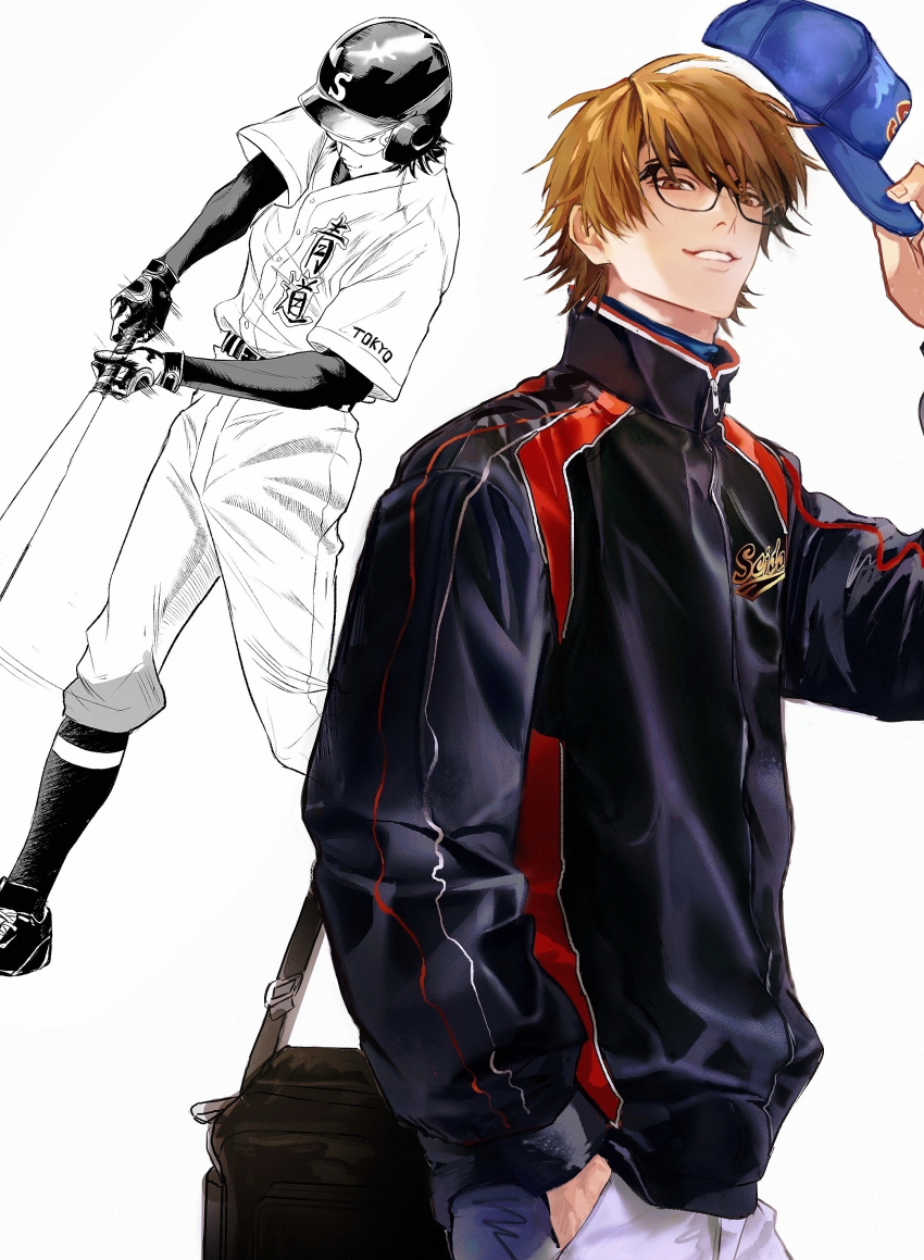 1boy absurdres ace_of_diamond bag baseball baseball_bat baseball_cap baseball_helmet baseball_uniform blue_hat brown_eyes brown_hair commentary_request cowboy_shot from_side full_body glasses hand_in_pocket hat helmet high_collar highres long_sleeves looking_at_viewer male_focus miyuki_kazuya playing_sports seidou_high_school_jacket short_hair shoulder_bag simple_background smile solo sportswear swinging_baseball_bat teeth white_background yiuuohyhgrd zipper