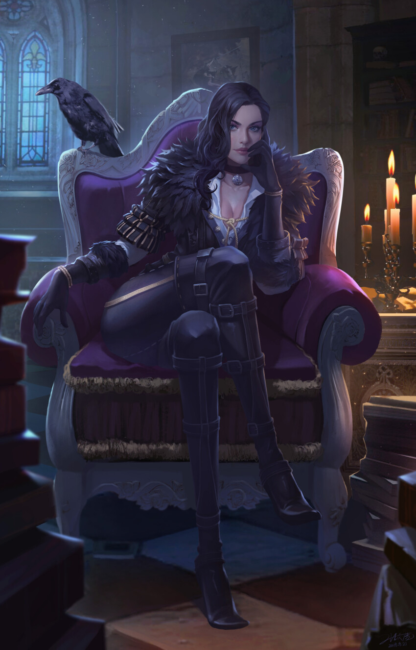 1girl absurdres bird black_boots black_choker black_gloves black_hair black_pants blue_eyes book book_stack boots breasts candle chair choker cleavage crow gloves highres indoors looking_at_viewer pants pendant_choker sitting solo the_witcher_(series) the_witcher_3 wenhao_zhang yennefer_of_vengerberg