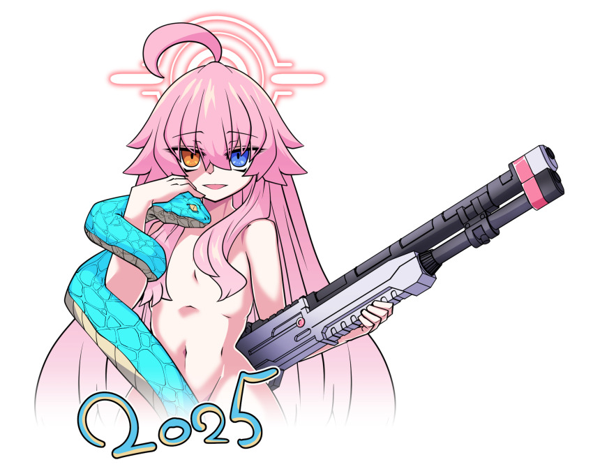 1girl ahoge bare_shoulders beretta_1301 blue_archive blue_eyes breasts gun hair_over_breasts halo heterochromia highres hoshino_(blue_archive) huge_ahoge lazy_ant long_hair looking_at_viewer navel nude open_mouth pink_hair pink_halo shotgun small_breasts smile snake solo thighs weapon yellow_eyes