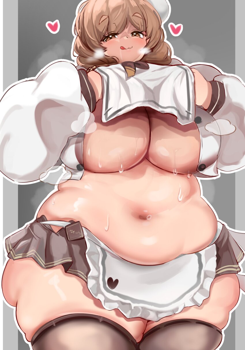 1girl absurdres apron belly beret black_thighhighs bready_(nikke) breast_curtain breast_curtain_lift breasts brown_eyes brown_hair cleavage crop_top fat fat_woman goddess_of_victory:_nikke grey_background hat heart highres huge_breasts jinzai_5 large_breasts licking_lips medium_hair midriff miniskirt muffin_top navel plump shirt skindentation skirt smile solo standing sweat thick_thighs thighhighs thighs tongue tongue_out white_hat white_shirt wide_hips