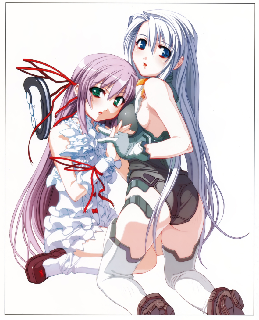 00s 2girls absurdres al_azif_(demonbane) ass blue_eyes demonbane frills gloves green_eyes hair_ribbon highres holding_hands light_purple_hair long_hair metatron metatron_(demonbane) multiple_girls nishii_(damnedrive) nitroplus official_art ribbon simple_background thighhighs white_hair wrist_cuffs